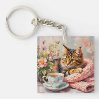 Cat with Tea Cup Key Ring