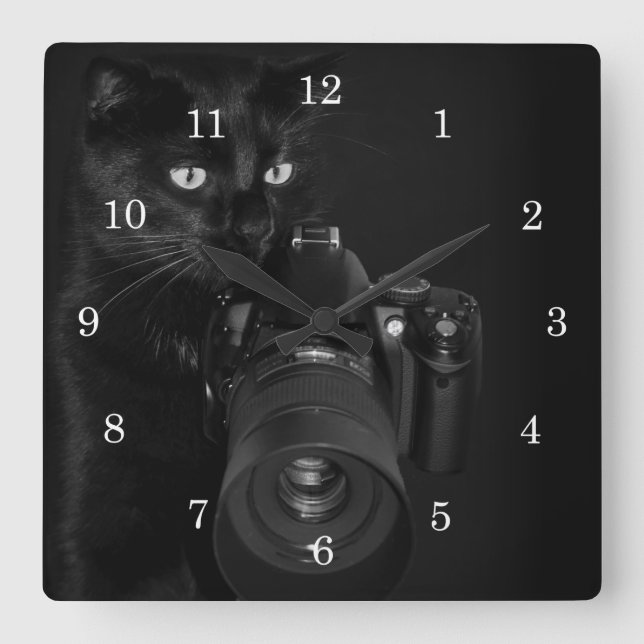 Cat with the camera square wall clock (Front)