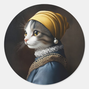 Cat with the Pearl Earring Classic Round Sticker