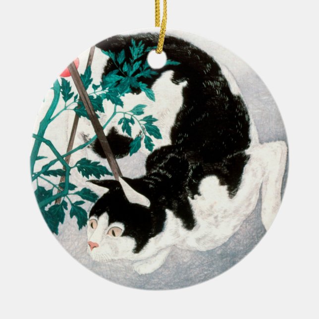 Cat with Tomato Plant (1931) by Hiroaki Takahashi Ceramic Tree Decoration (Front)