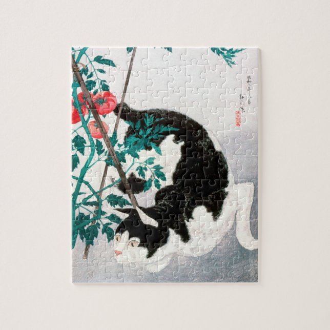 Cat with Tomato Plant (1931) by Hiroaki Takahashi Jigsaw Puzzle (Vertical)