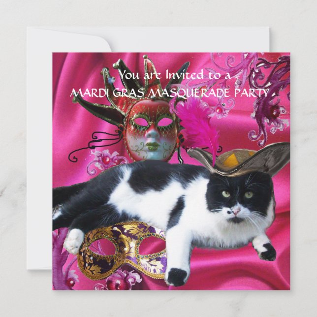 CAT WITH TRICORN HAT AND MASQUERADE PARTY MASKS INVITATION (Front)