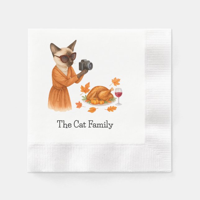 Cat with turkey for Thanksgiving Napkin (Front)