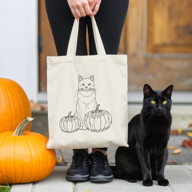 Cat With Two Pumpkins Line Art Cute Halloween Tote Bag (Disclaimer: This image is a digital mockup.)