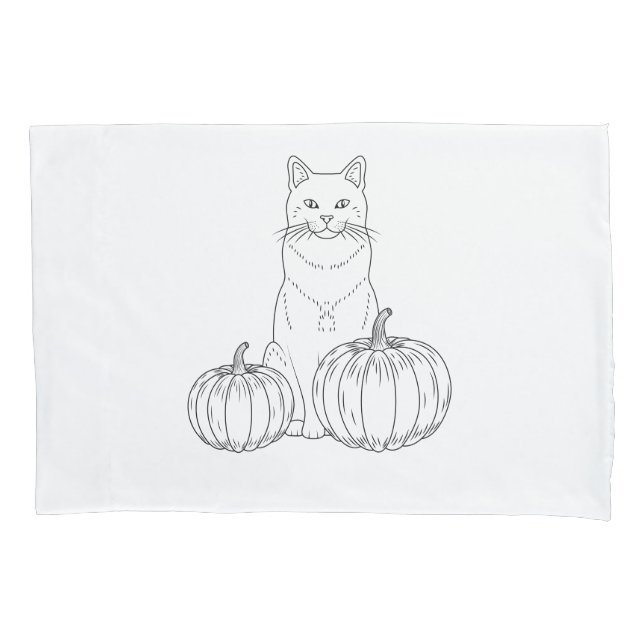 Cat With Two Pumpkins Minimal Line Art Cute Fall Pillowcase (Front)