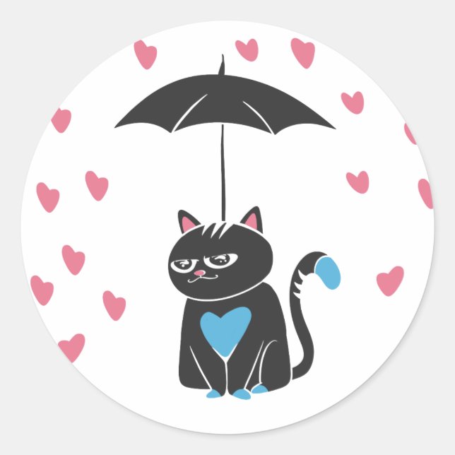 Cat with umbrella on head - Choose back colour Classic Round Sticker (Front)