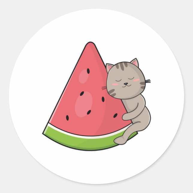 Cat with Watermelon Classic Round Sticker (Front)