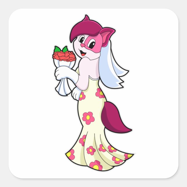 Cat with Wedding dress & Bunch of Flower Square Sticker (Front)