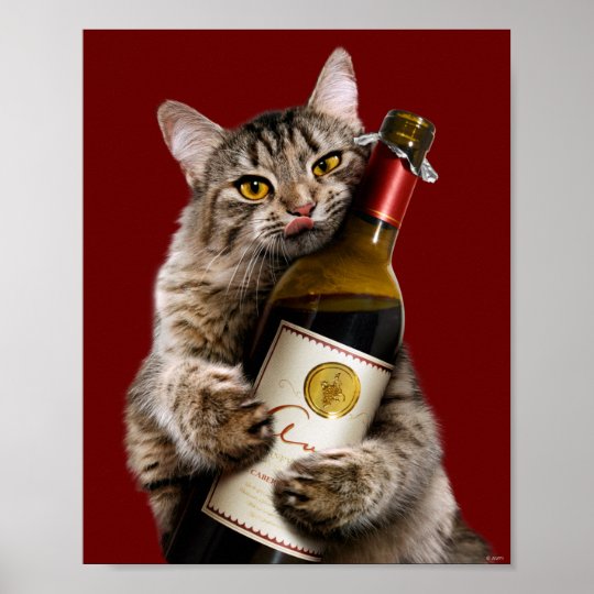 Cat With Wine Bottle Poster Zazzle.co.uk