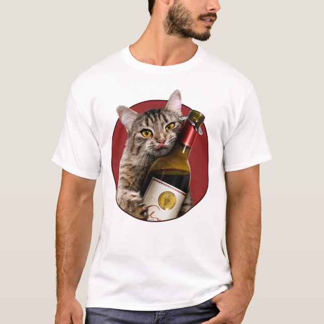 Cat With Wine Bottle T-Shirt (Front)
