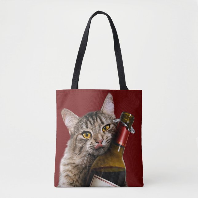 Cat With Wine Bottle Tote Bag (Front)