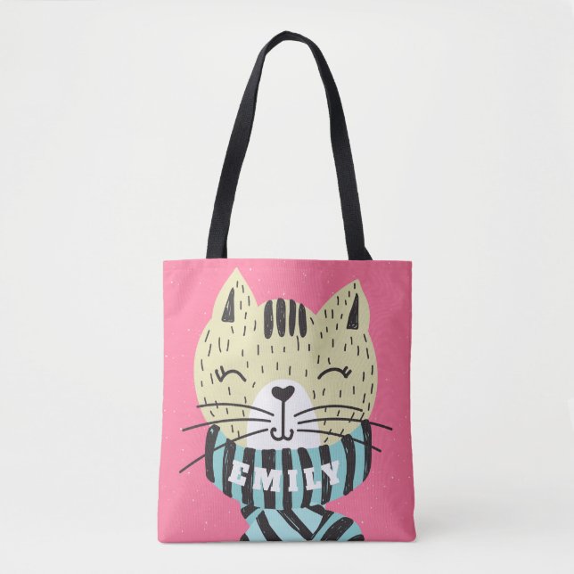 cat with winter scarf tote bag (Front)