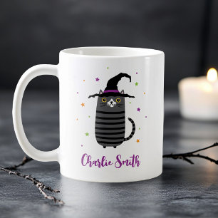 Cat with witch hat and name cute Halloween Coffee Mug