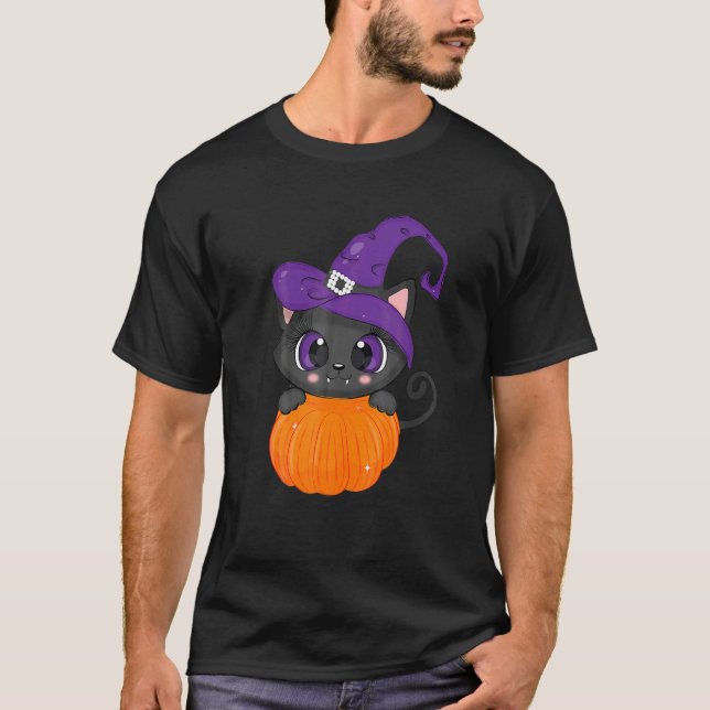 Cat With Witch Hat And Pumpkin T-Shirt (Front)