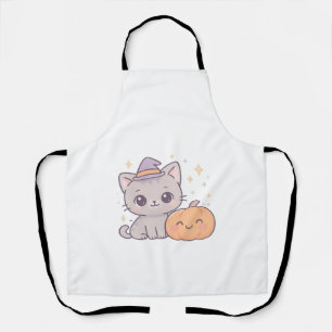 Cat with Witch Hat and Smiling Pumpkin Cute Spooky Apron
