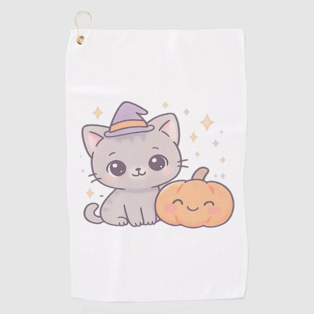 Cat with Witch Hat and Smiling Pumpkin Cute Spooky Golf Towel (Front)