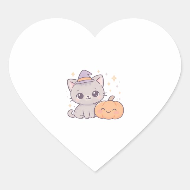 Cat with Witch Hat and Smiling Pumpkin Cute Spooky Heart Sticker (Front)