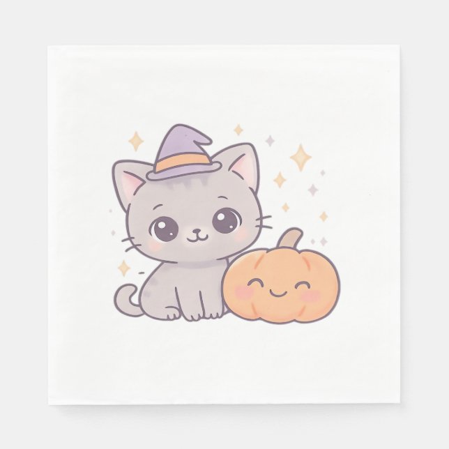 Cat with Witch Hat and Smiling Pumpkin Cute Spooky Napkin (Front)