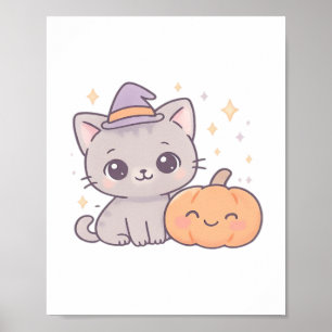 Cat with Witch Hat and Smiling Pumpkin Cute Spooky Poster