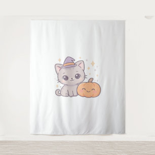 Cat with Witch Hat and Smiling Pumpkin Cute Spooky Tapestry