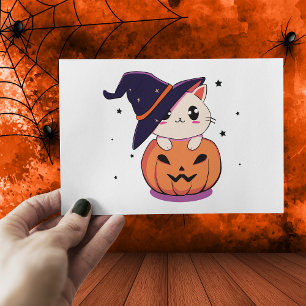 Cat with witch hat in Halloween Jack-O-Lantern  Postcard