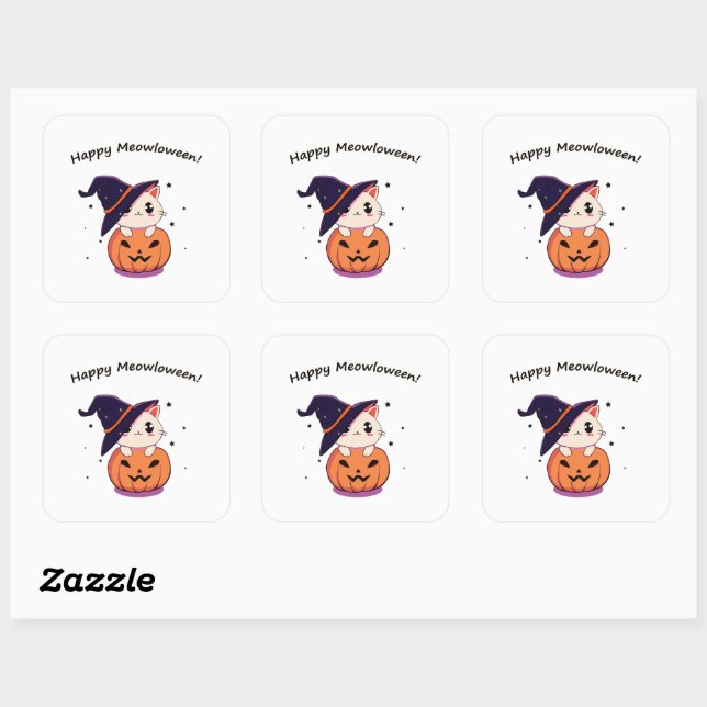 Cat with witch hat in Halloween Jack-O-Lantern  Square Sticker (Sheet)