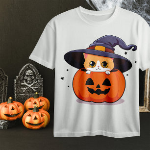 Cat with witch hat in Halloween Jack-O-Lantern T-Shirt