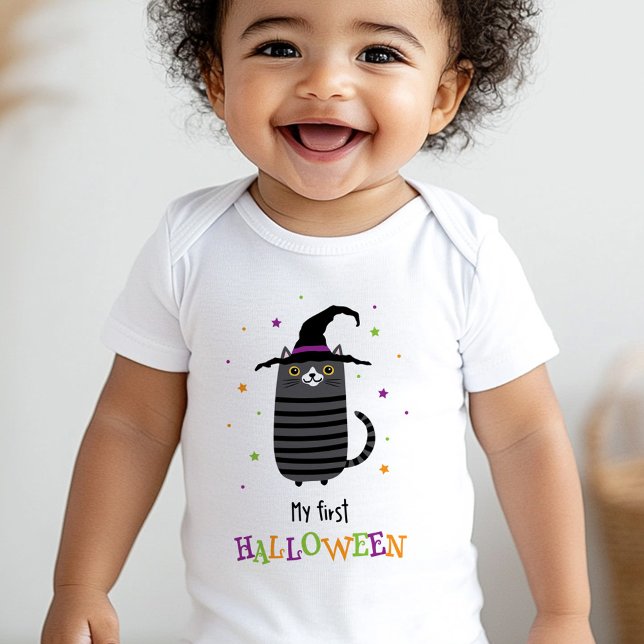 Cat with witch hat My first Halloween cute Baby Bodysuit (Cat with witch hat My first Halloween cute Baby Bodysuit)