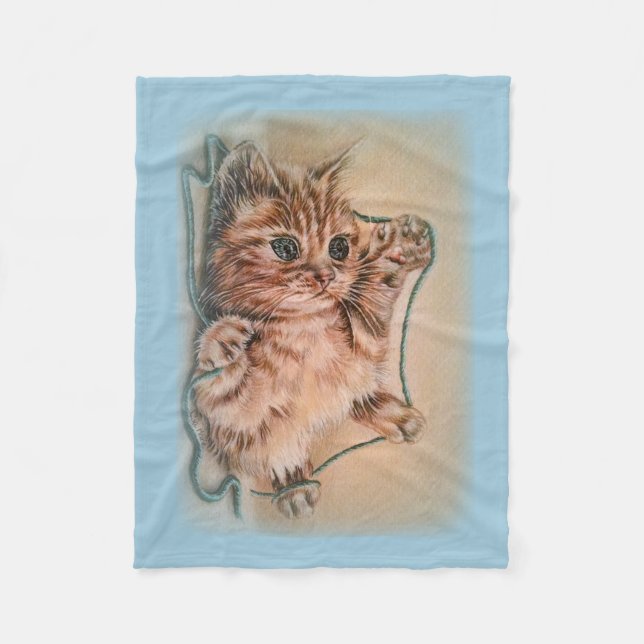 Cat with Yarn Drawing of Pet Portrait Fleece Blanket (Front)