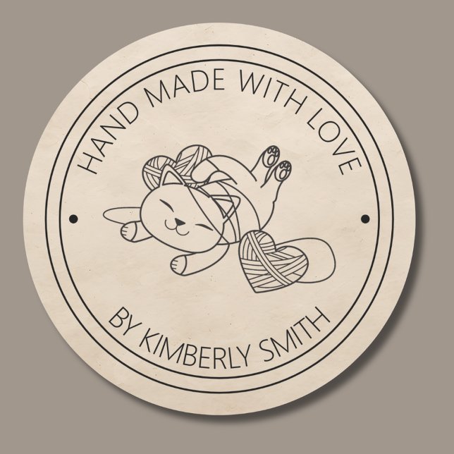 Cat with Yarn Hand Made with Love Monogram Classic Round Sticker (Creator Uploaded)