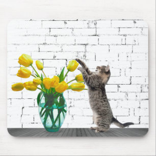Cat with Yellow Tulip Bouquet Mousepad