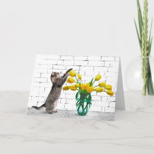 Cat with Yellow Tulips Birthday Card (Front)