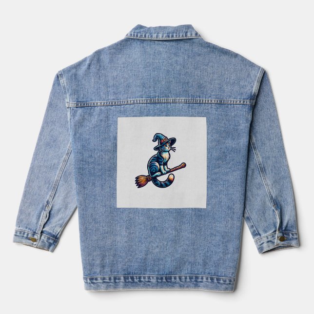 Cat Wizard Halloween Witch Mystical Cat Lovers Hal Denim Jacket (Back)