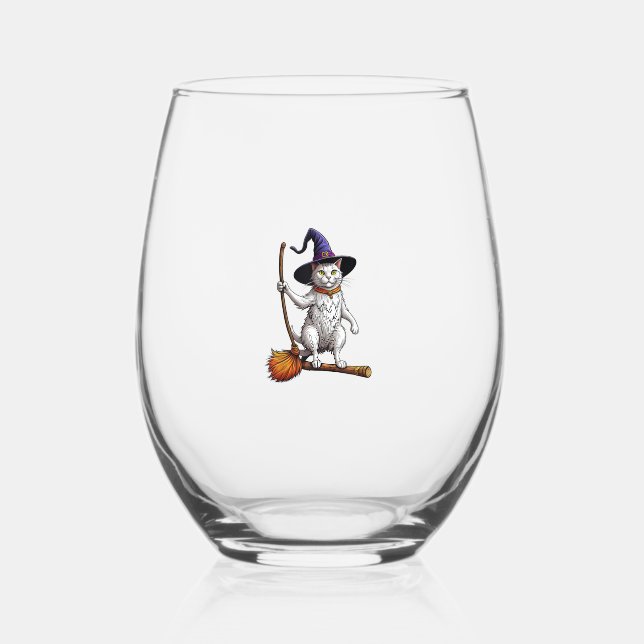 Cat Wizard Halloween Witch Mystical Cat Lovers  Stemless Wine Glass (Front)
