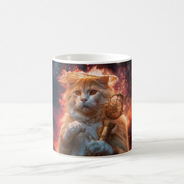 Cat Wizard With Magic Staff Amidst Flames Coffee Mug (Center)