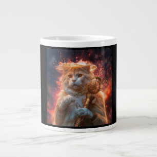 Cat Wizard With Magic Staff Amidst Flames Large Coffee Mug