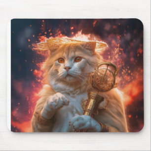 Cat Wizard With Magic Staff Amidst Flames Mouse Mat