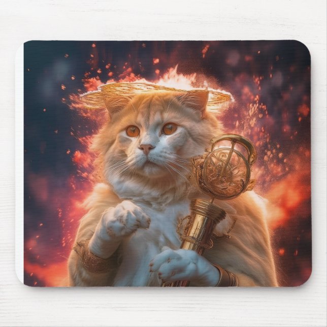 Cat Wizard With Magic Staff Amidst Flames Mouse Mat (Front)