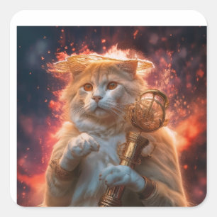 Cat Wizard With Magic Staff Amidst Flames Square Sticker