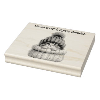 Cat wooden insert with wool hat. rubber stamp