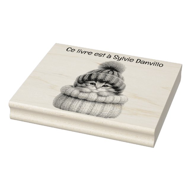 Cat wooden insert with wool hat. rubber stamp (Stamp)