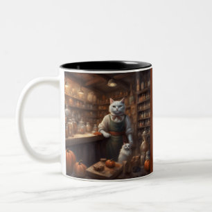 Cat works at Country Store on Halloween Two-Tone Coffee Mug