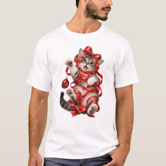 Cat Wrapped in Christmas Ribbon T-Shirt
