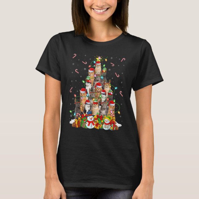 Cat Xmas Lighting Tree Santa Cat Christmas T-Shirt (Front)