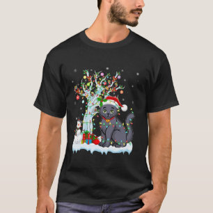 Cat Xmas Lighting Tree Santa Hat Russian Blue Cat T-Shirt
