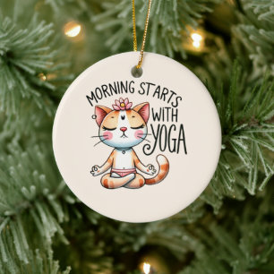 Cat Yoga Pose - Morning Starts With Yoga Ceramic Tree Decoration