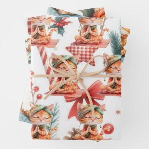 Cat Yoga with Christmas themed Wrapping Paper Sheet