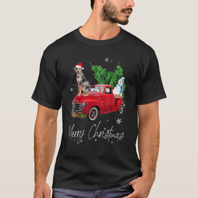 Catahoula Leopard Dog Riding Red Truck Christmas T-Shirt (Front)
