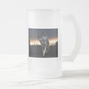 Catahoula Leopard Dog Running on Sunset Frosted Glass Beer Mug