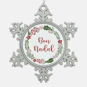Catalan Merry Christmas Wreath, Bon Nadal Snowflake Pewter Christmas Ornament